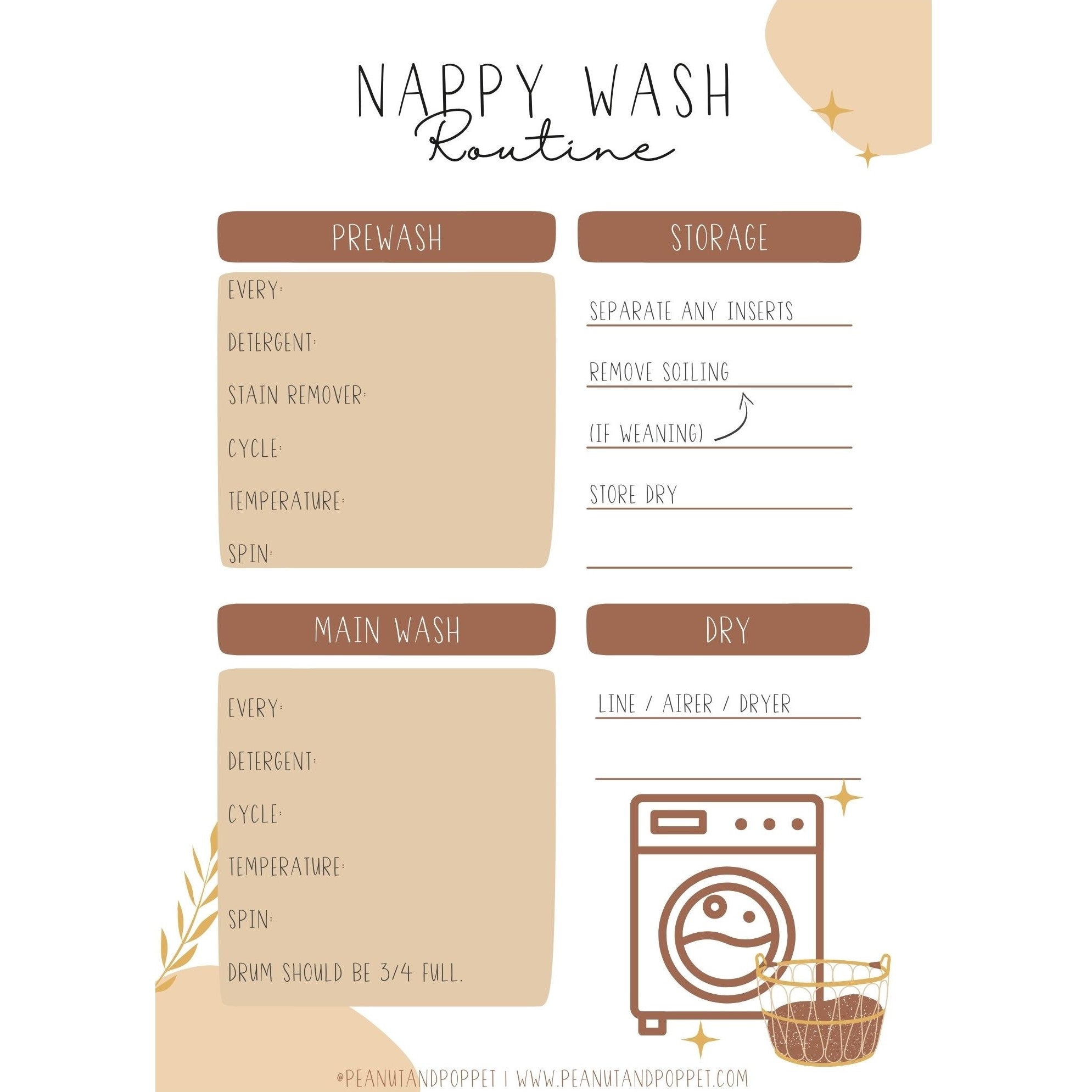 Free reusable nappy wash routine template (neutral) - washing instructions - Peanut and Poppet UK