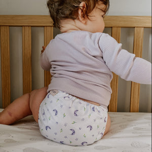 Child in a Fiyyah reusable cloth nappy - Amethyst Dreams - Peanut and Poppet