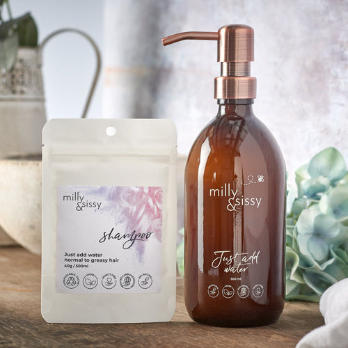 Milly & Sissy normal and greasy refill shampoo sachets - zero waste shampoo - Peanut and Poppet UK