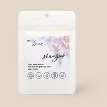 Load image into Gallery viewer, Milly &amp; Sissy normal and greasy refill shampoo sachets - plastic free shampoo - Peanut and Poppet UK
