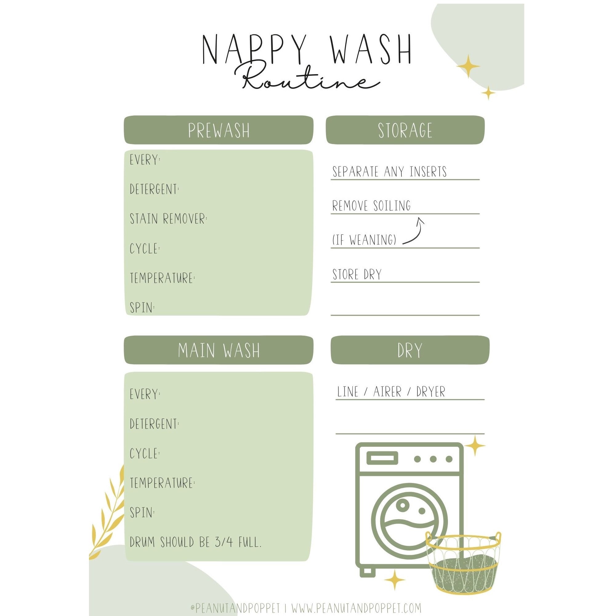 Free reusable nappy wash routine template (green) - washing instructions - Peanut and Poppet UK