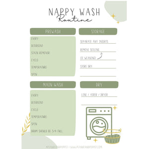 Free reusable nappy wash routine template (green) - washing instructions - Peanut and Poppet UK
